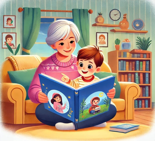 Child is enjoying reading their EveryHero book with grandmother