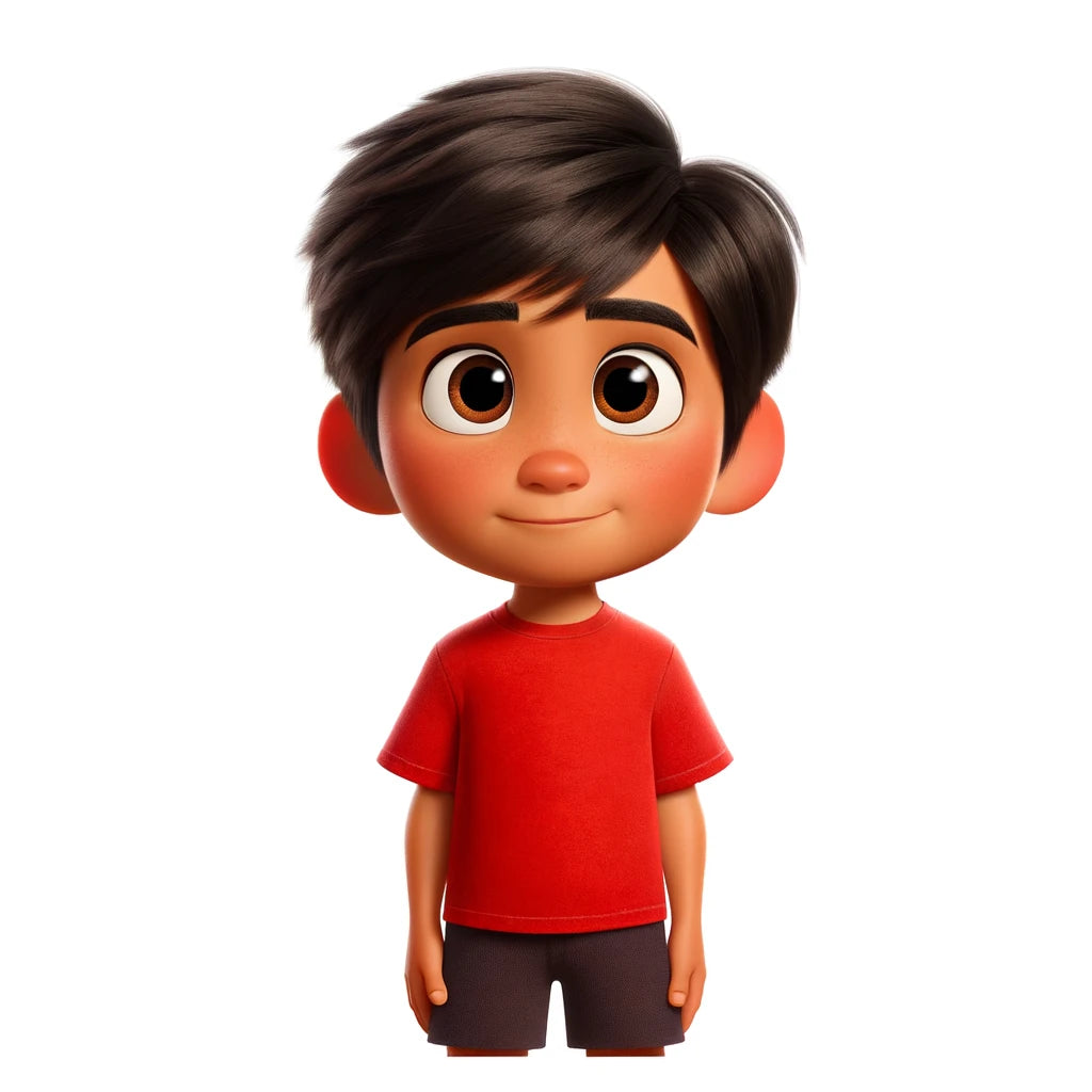 Kai a 7-year-old boy with light brown skin and short straight black hair. before pirate adventure.